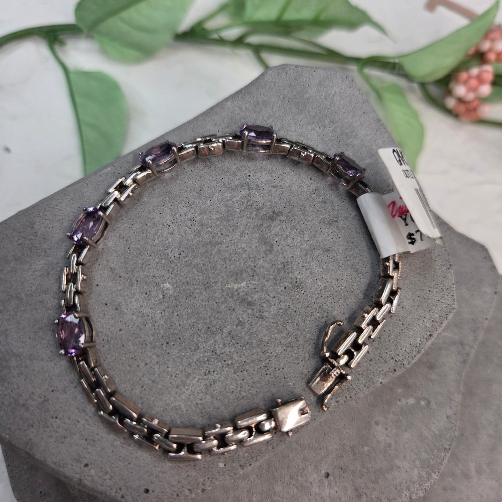 925 Sterling Silver Amethyst Oval Gemstone H-Link Bracelet 7 in Purple Stone